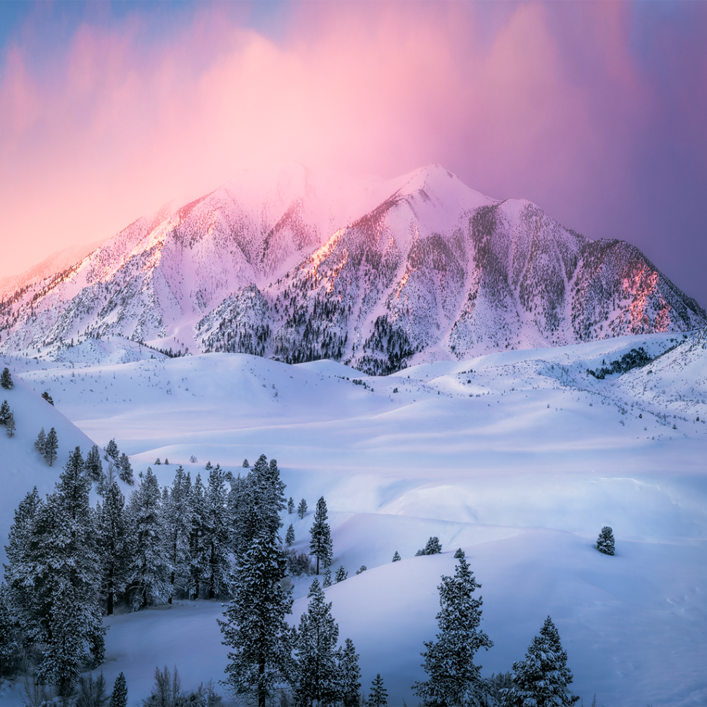 Заснеженные горы в сиреневом тумане 