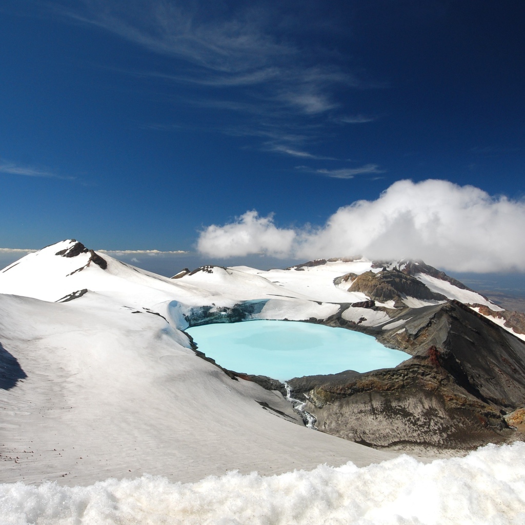 Snow-covered crater of Tongariro volcano under the blue sky, New Zealand