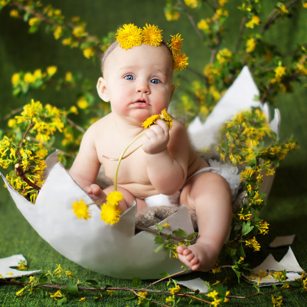 Маленький грудной ребеной сидит в яичной скорлупе с одуванчиками и ветками смородины