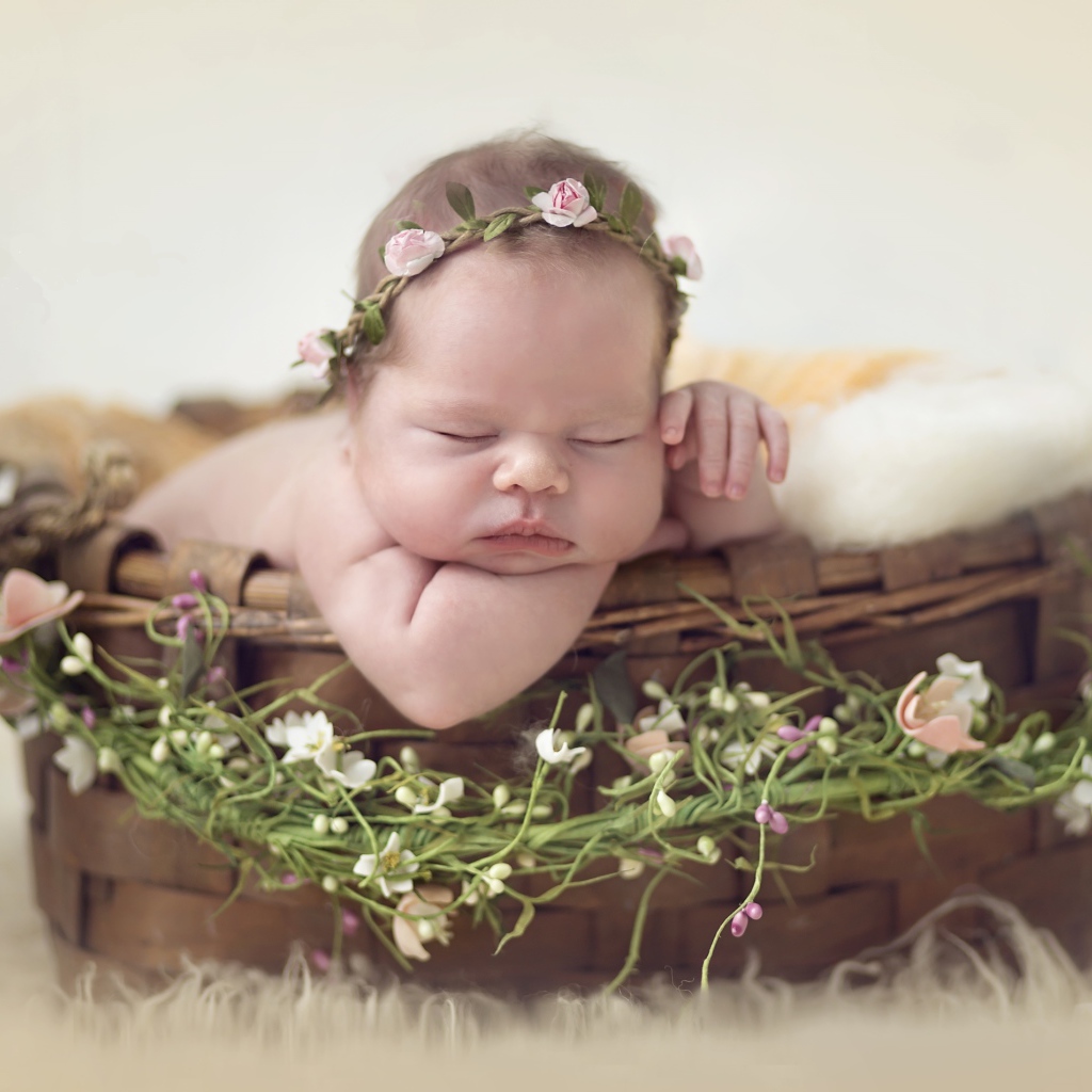 Маленький спящий младенец в корзине 