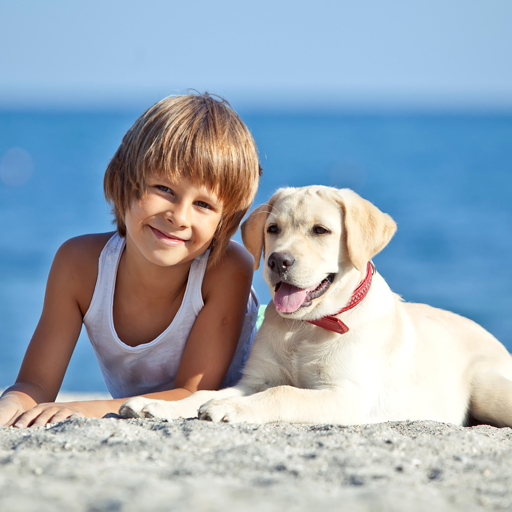 Симпатичный мальчик со щенком ретривера лежат на песке на пляже