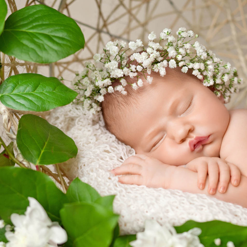 Милый маленький спящий младенец с белыми цветами на голове