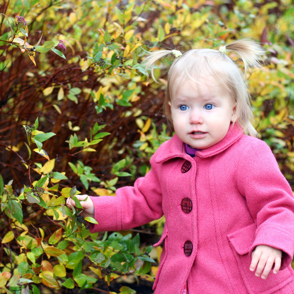 Маленькая голубоглазая девочка в розовом пальто