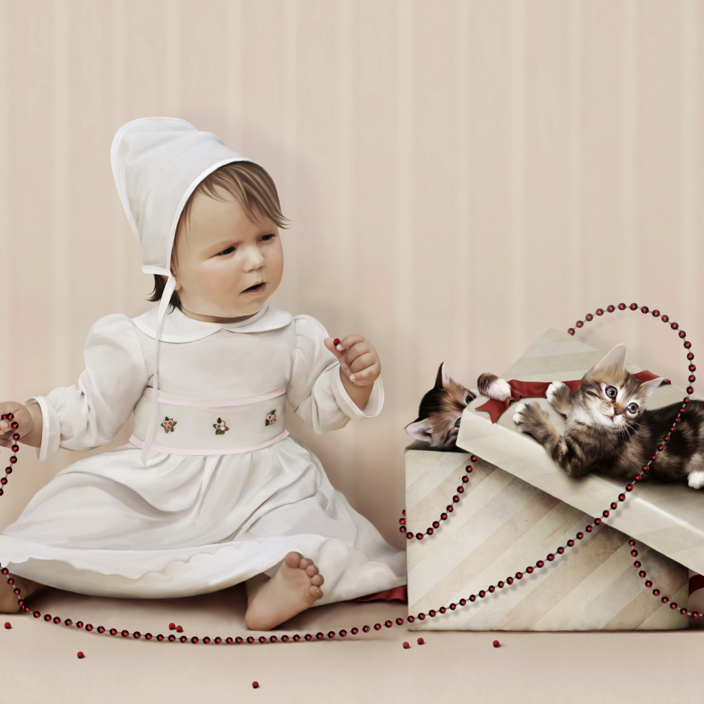 Маленькая девочка в белом платье с коробком с маленькими котятами