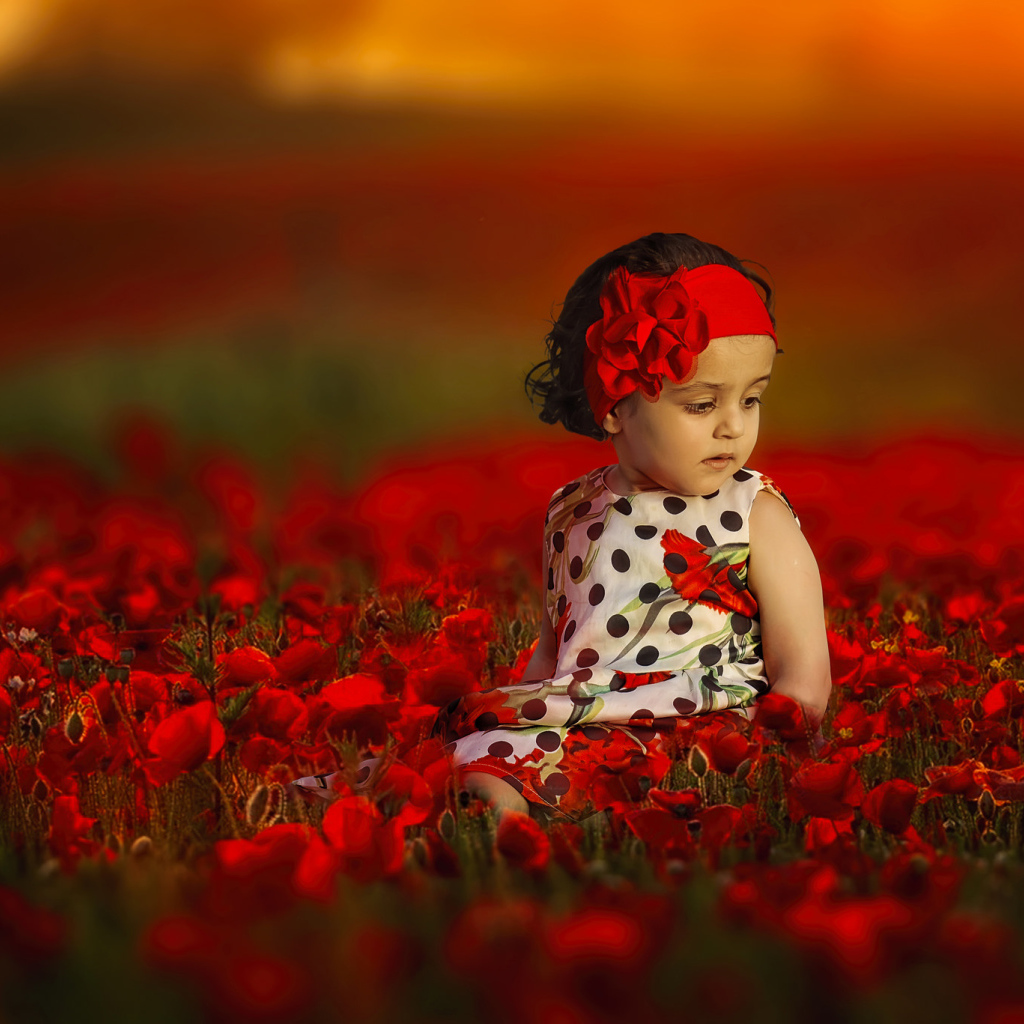 Маленькая девочка сидит в поле с красными маками