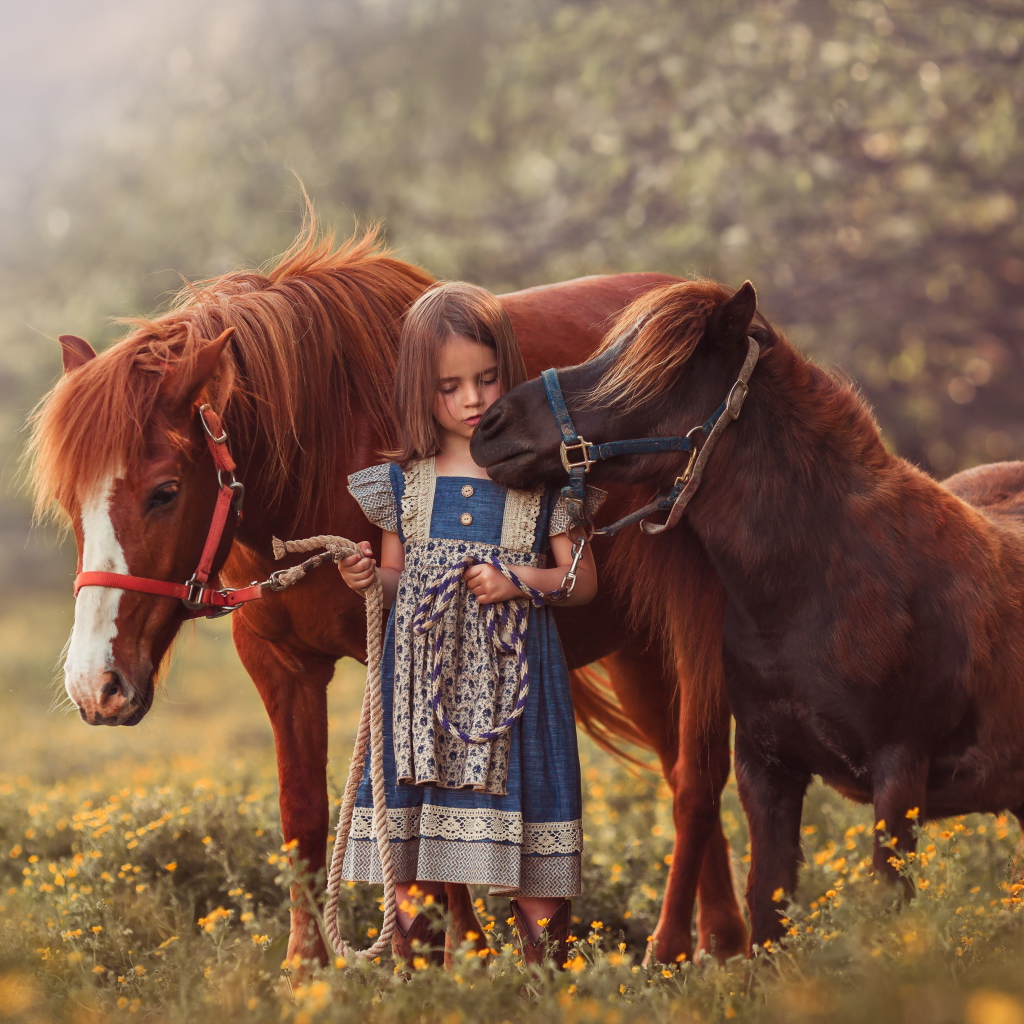 Маленькая девочка гуляет по полю с маленькими пони