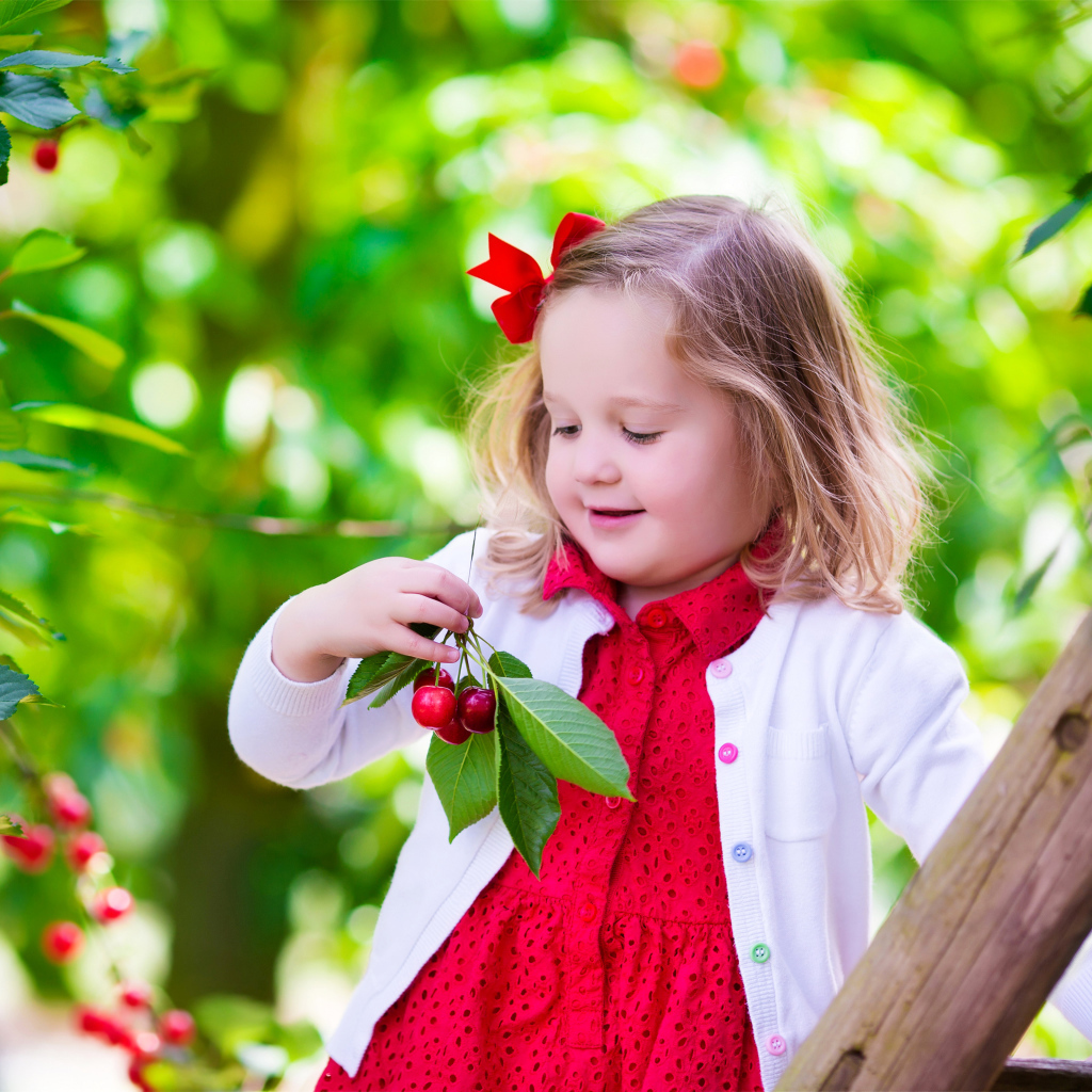 Маленькая улыбающаяся девочка рвет вишни с дерева