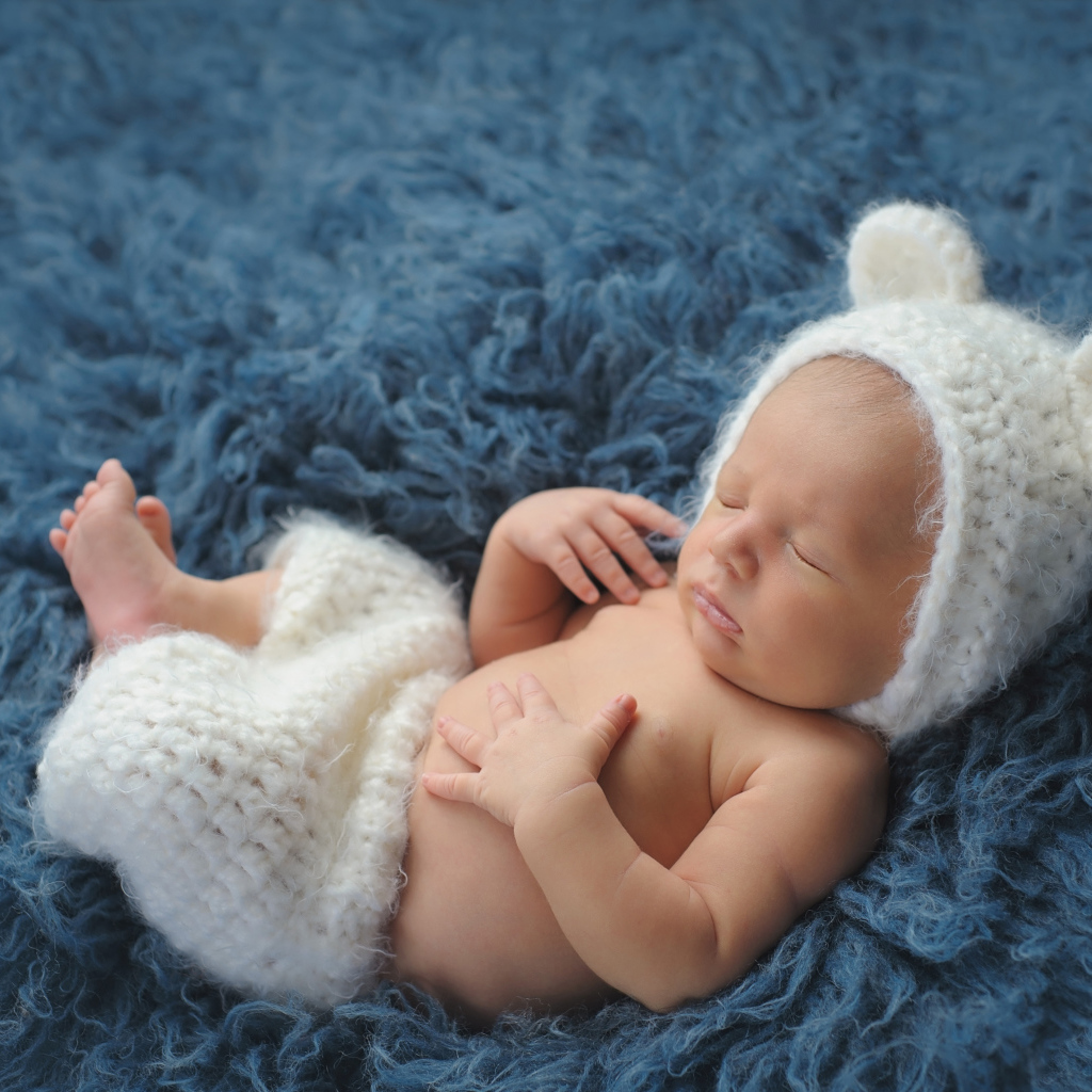 Спящий грудной ребенок в белом костюме медвежонка