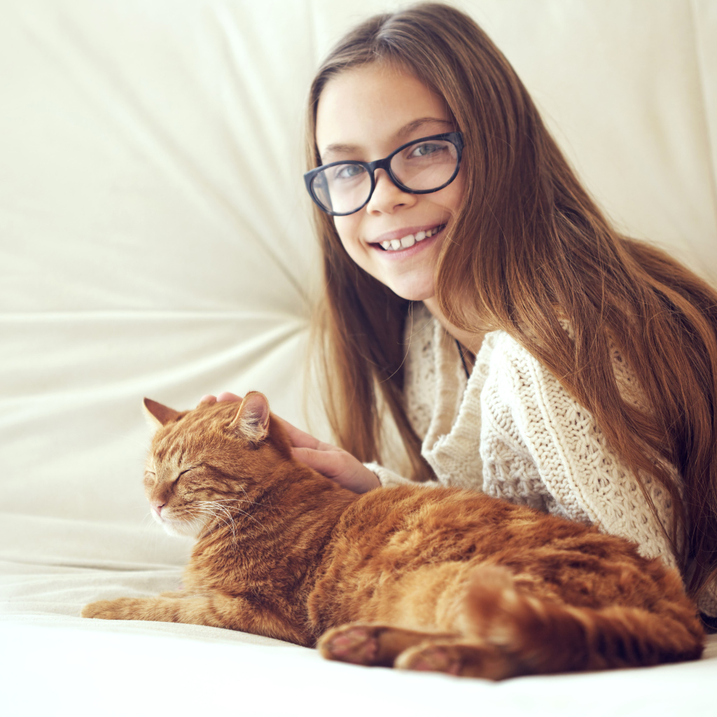 Улыбающаяся девочка шатенка в очках гладит рыжего кота