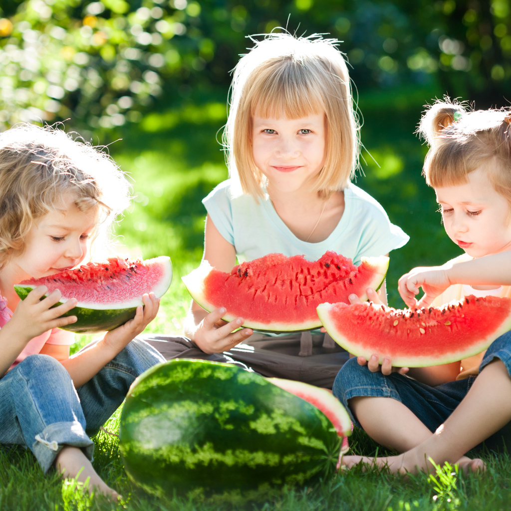 Три маленькие девочки едят арбуз на зеленой траве летом