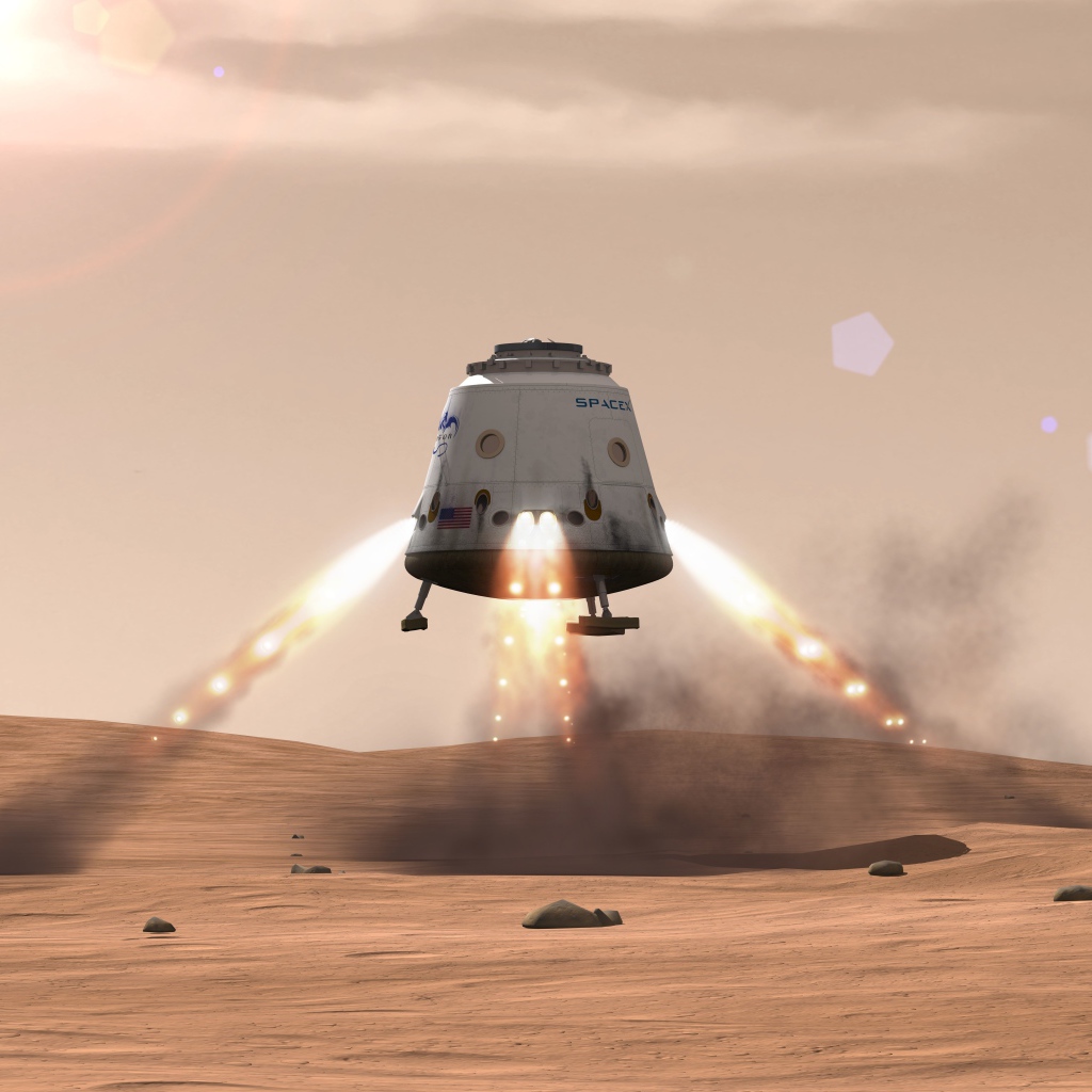 Взлет исследовательской ракеты Красный дракон с поверхности Марса