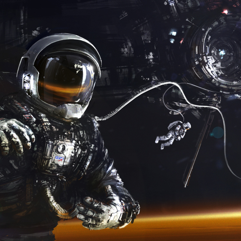 Астронавт и космический корабль над поверхностью Марса