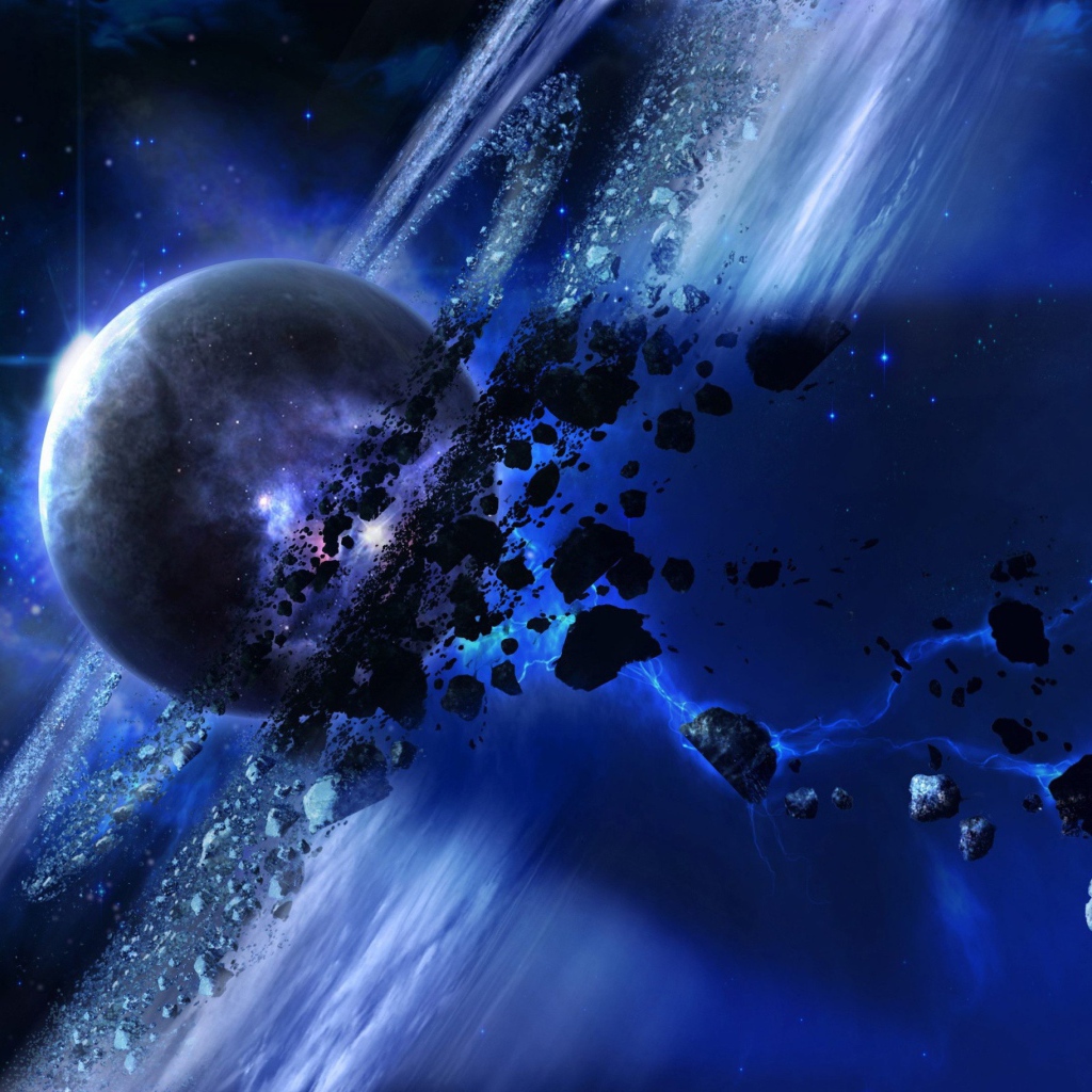 Полет метеоритов вокруг планеты Сатурн в космосе