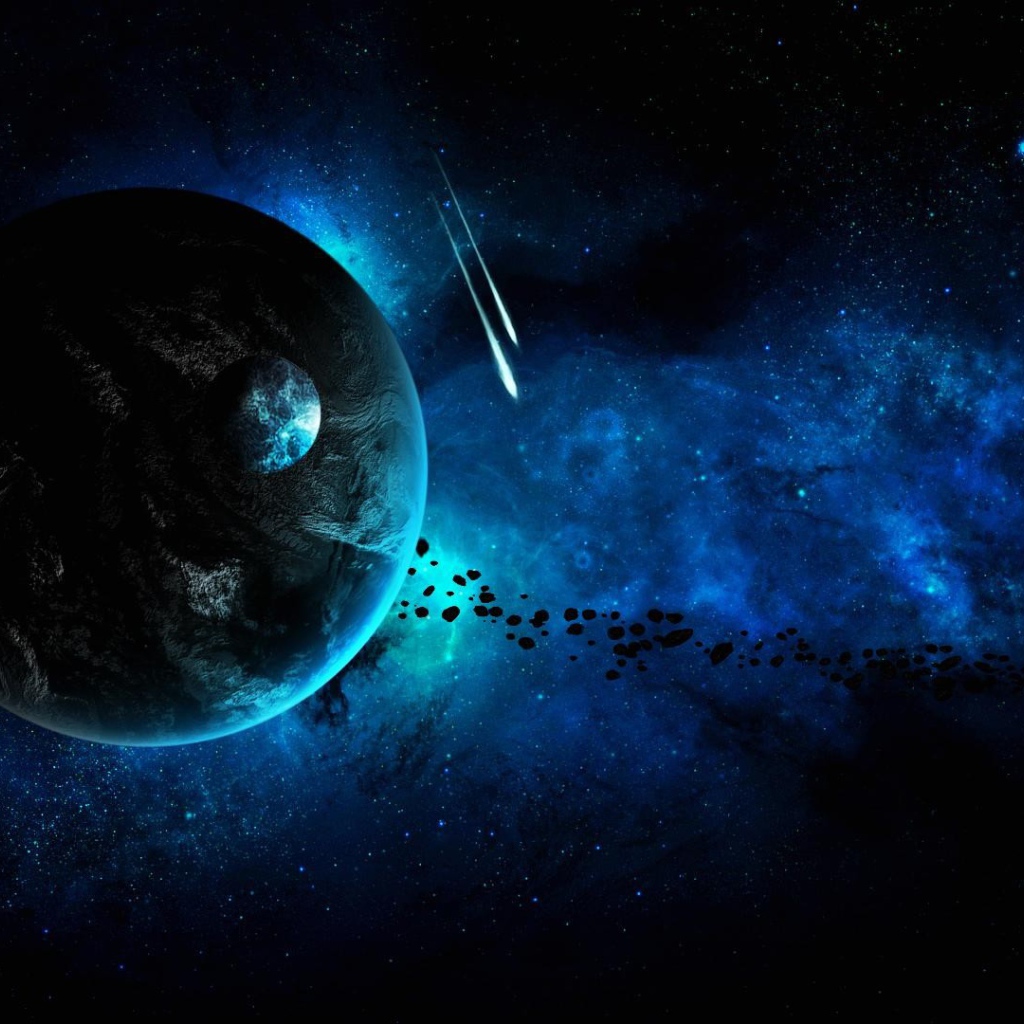 Планеты и метеоритный дождь в звездной галактике 