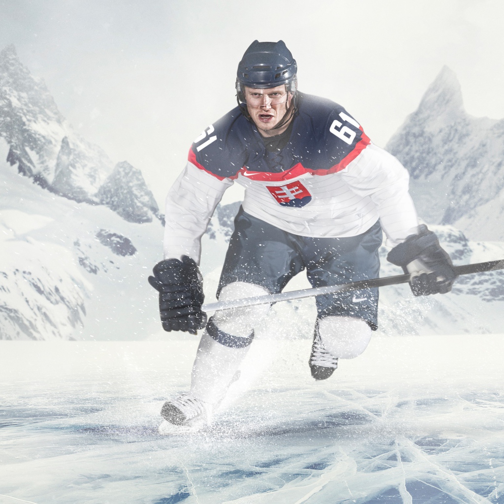 Хоккеист на льду с клюшкой 