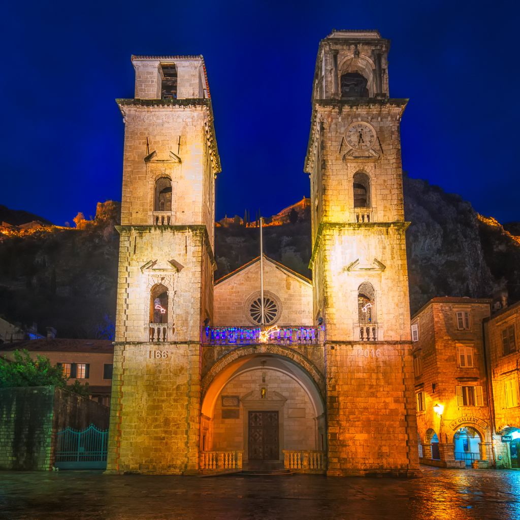 View of St. Trifon's Cathedral at night, Montenegro