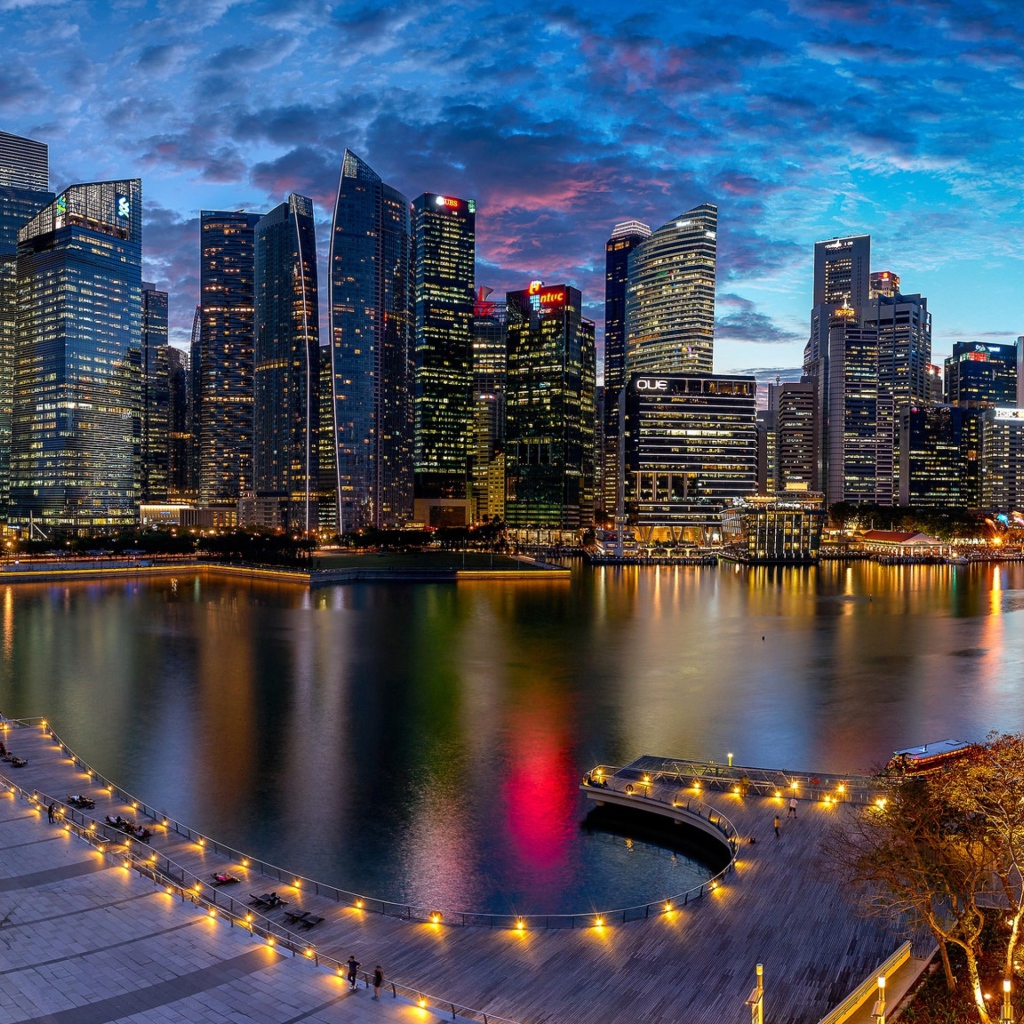 Небоскребы и гавань ночного Сингапура, Азия 