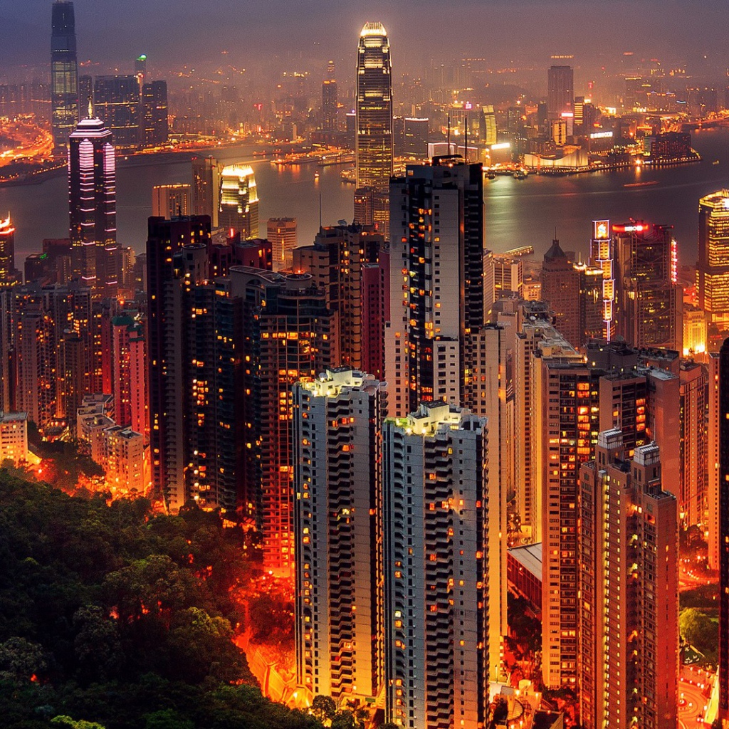 Вид на ночной Гонконг, Китай 