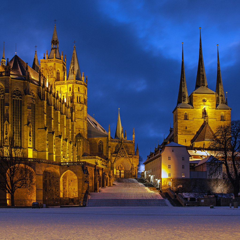 Erfurt Cathedral in the light of evening lights, Germany