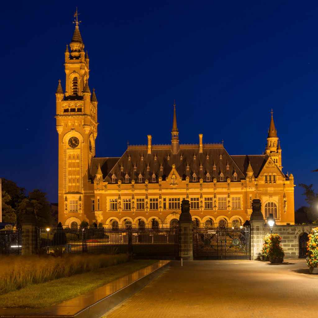 The Palace of Peace in the light of the street lamps, The Hague. Netherlands