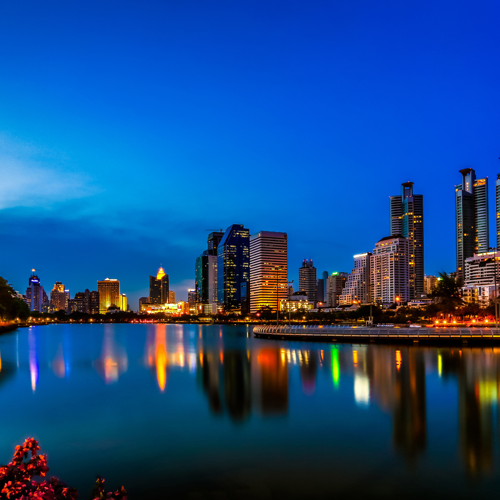 Night Bangkok is reflected in the water, Thailand
