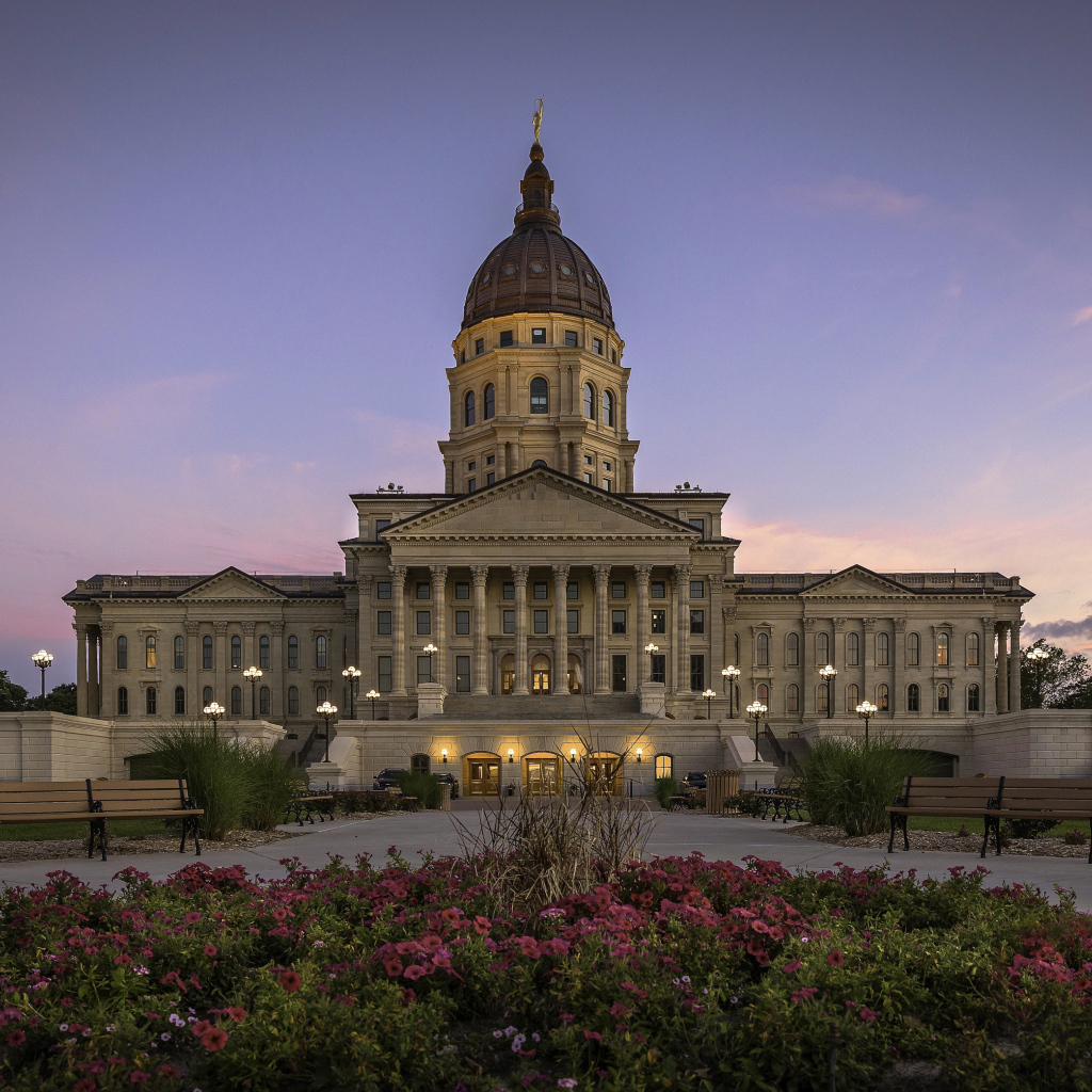 Петунии на клумбе у Капитолия штата Канзас, США 