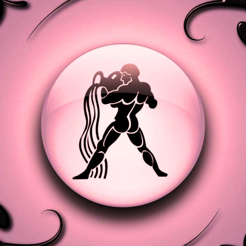 Знак зодиака Водолей на  розовом фоне с чёрным орнаментом 