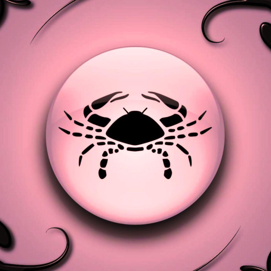 Знак зодиака Рак на  розовом фоне с чёрным орнаментом 