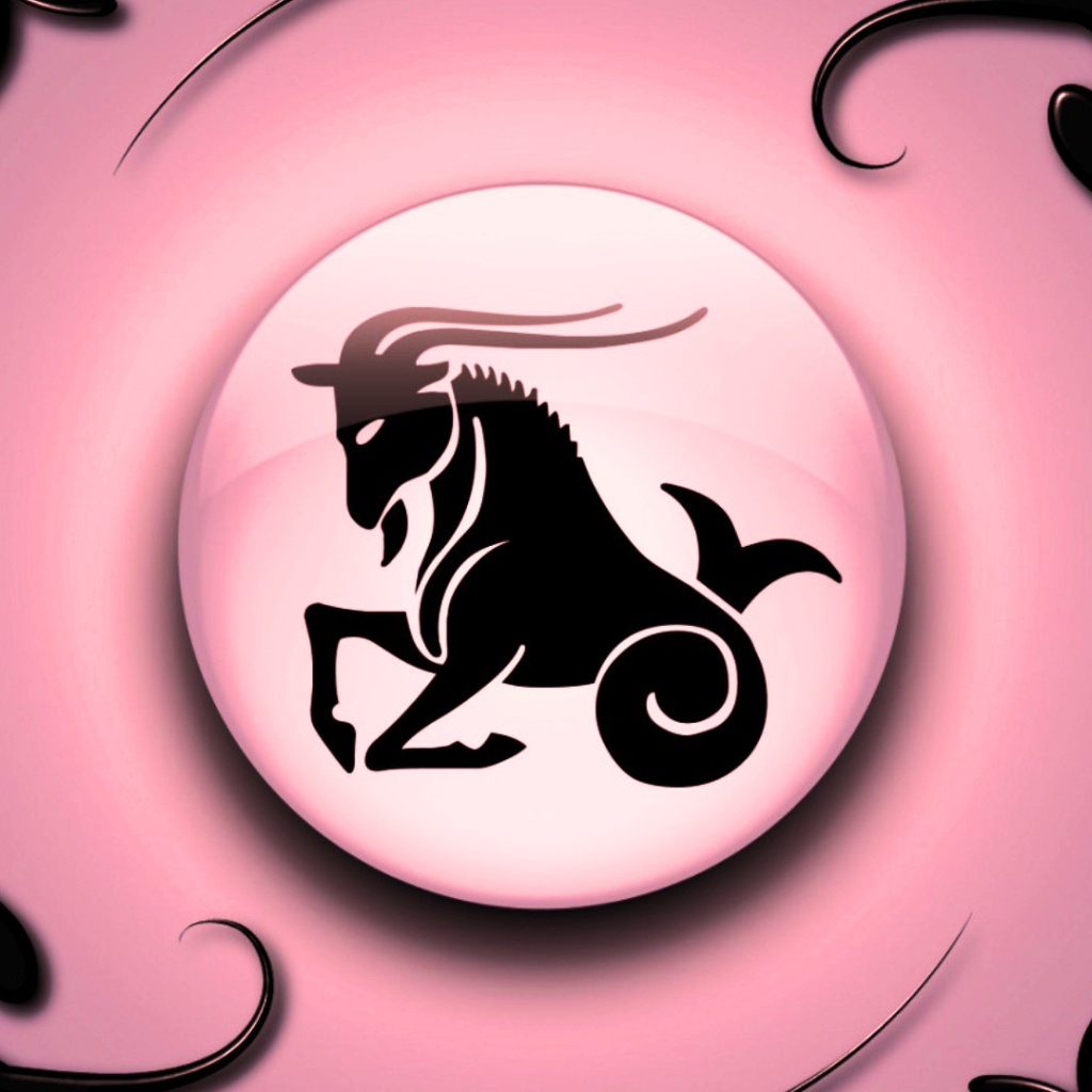 Знак зодиака Козерог на  розовом фоне с чёрным орнаментом 