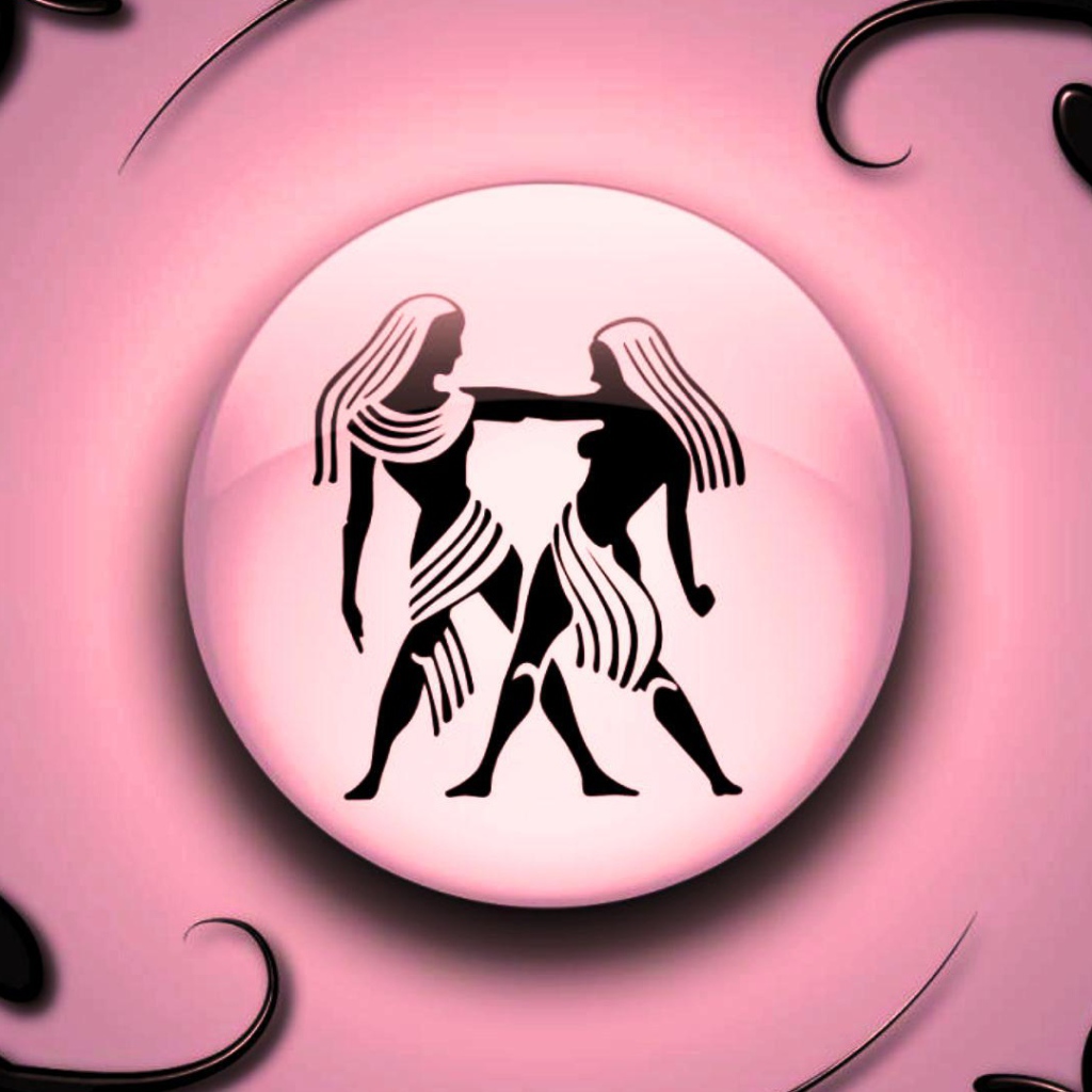 Знак зодиака Близнецы на  розовом фоне с чёрным орнаментом  