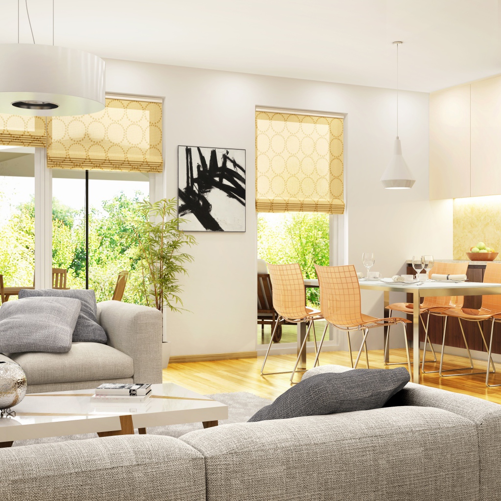 Столовая комната с диванами и большим телевизором