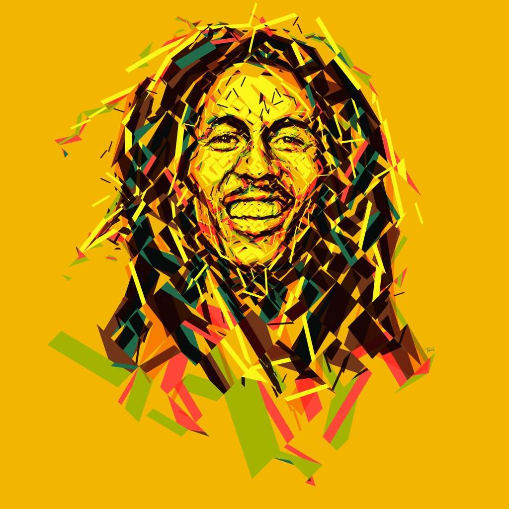Graphic drawing of Bob Marley on a yellow background