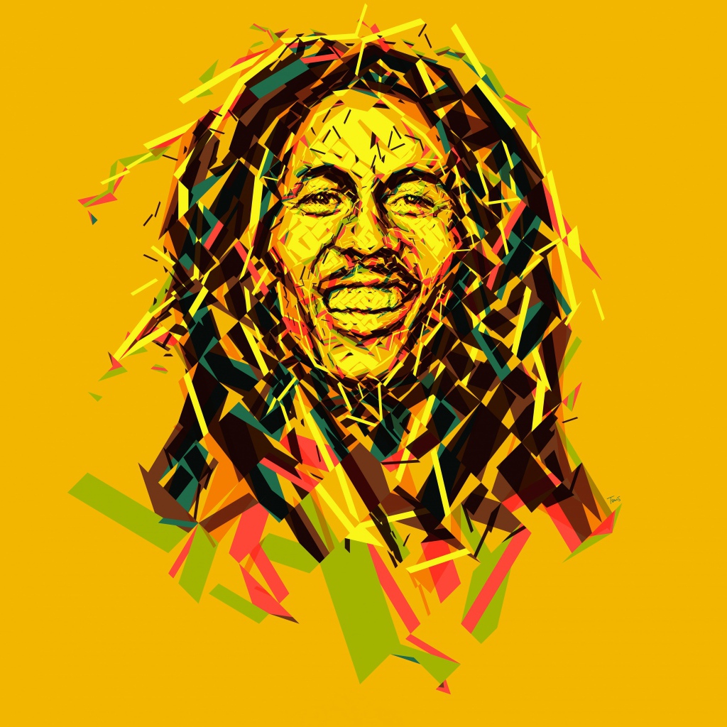 Графический рисунок Боба Марли на желтом фоне