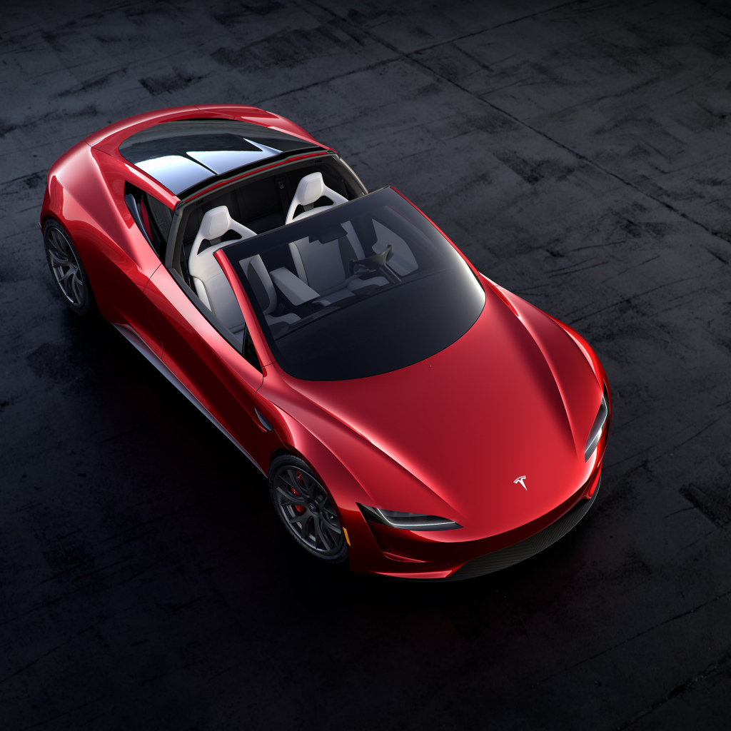 Красный автомобиль Tesla Roadster, 2020 вид сверху