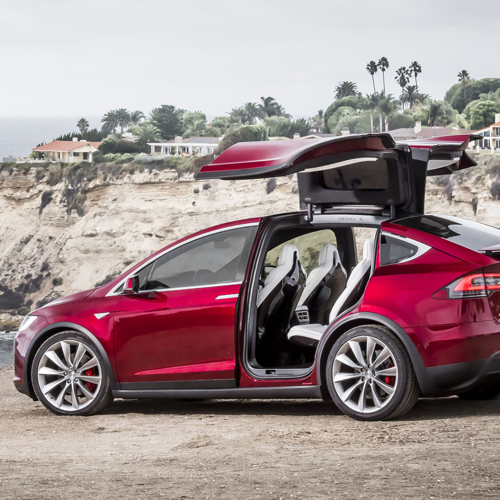 Красный электромобиль Тесла на берегу 
