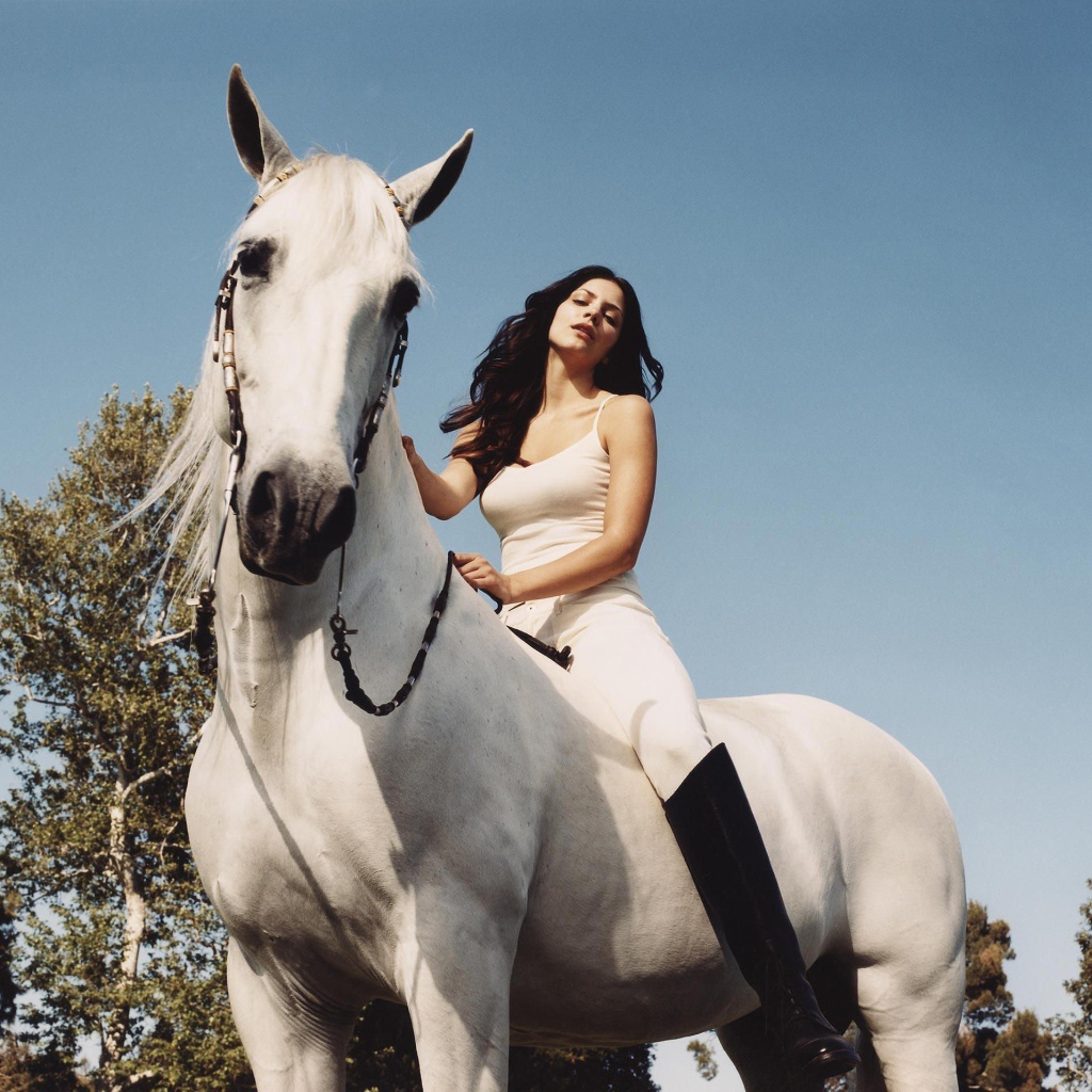 Молодая актриса Кэтрин Макфи на белой лошади 