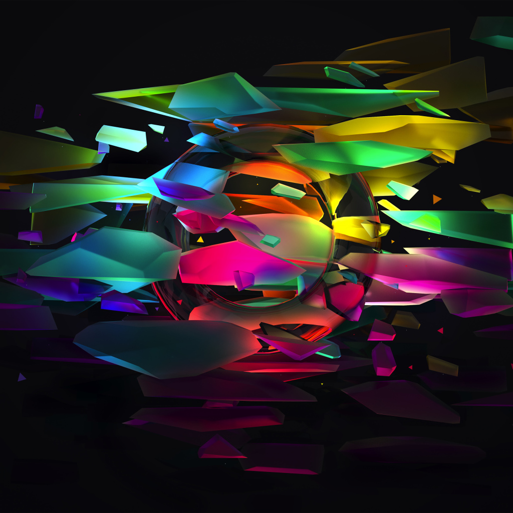 Multicolored figures in zero gravity on a black background, 3d graphics