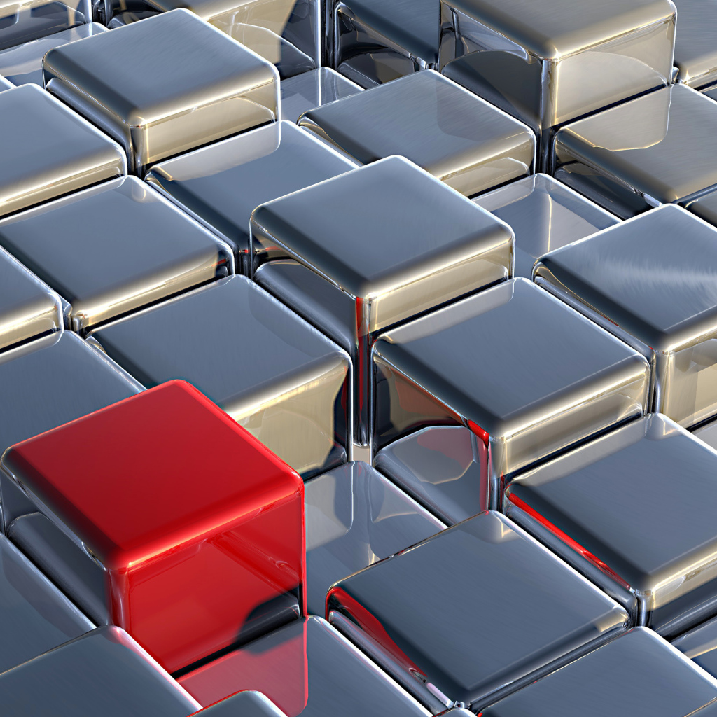 Красный куб среди серебристых, 3д графика