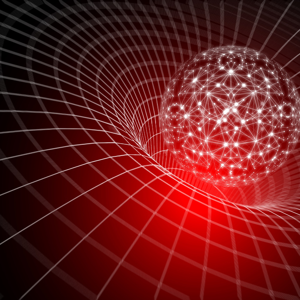 Светящийся белый шар погружается в воронку виртуальной сетки, 3д графика