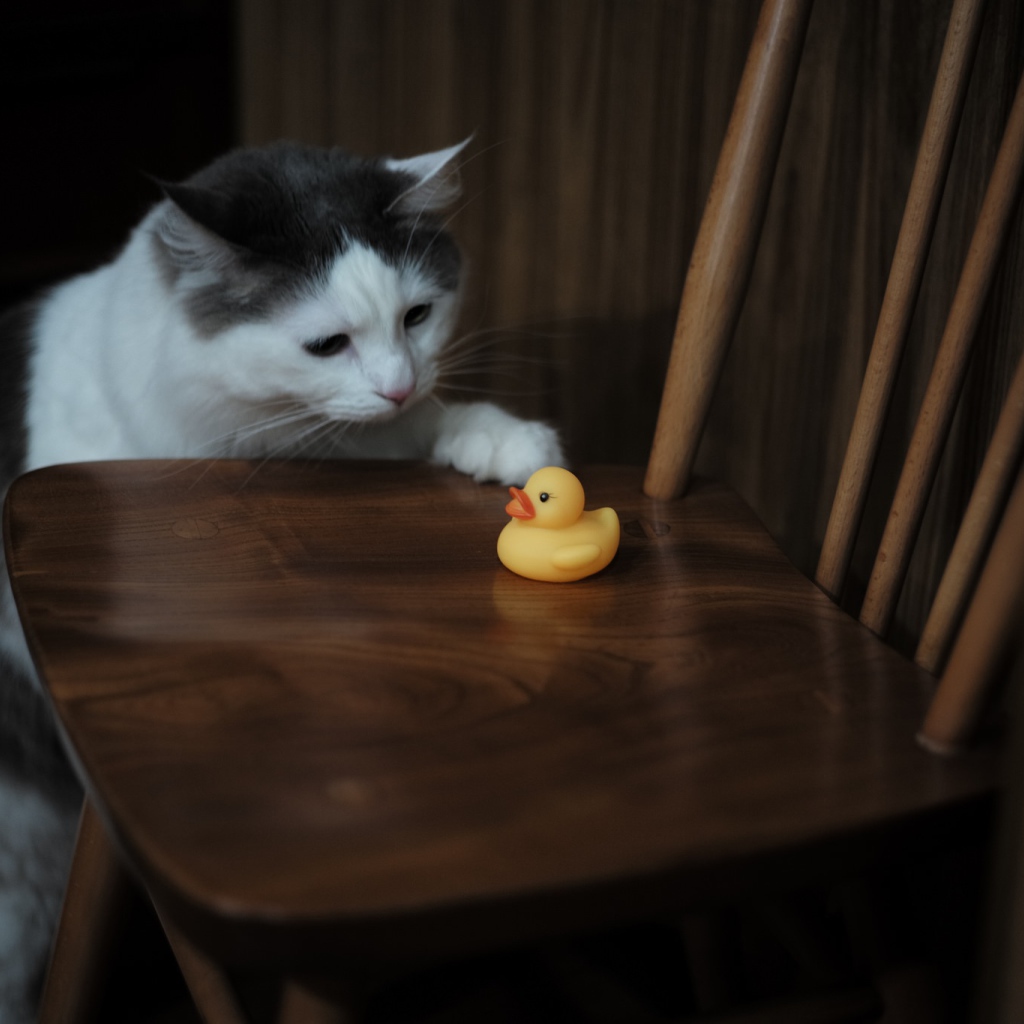 Кот с желтой резиновой уточкой на стуле