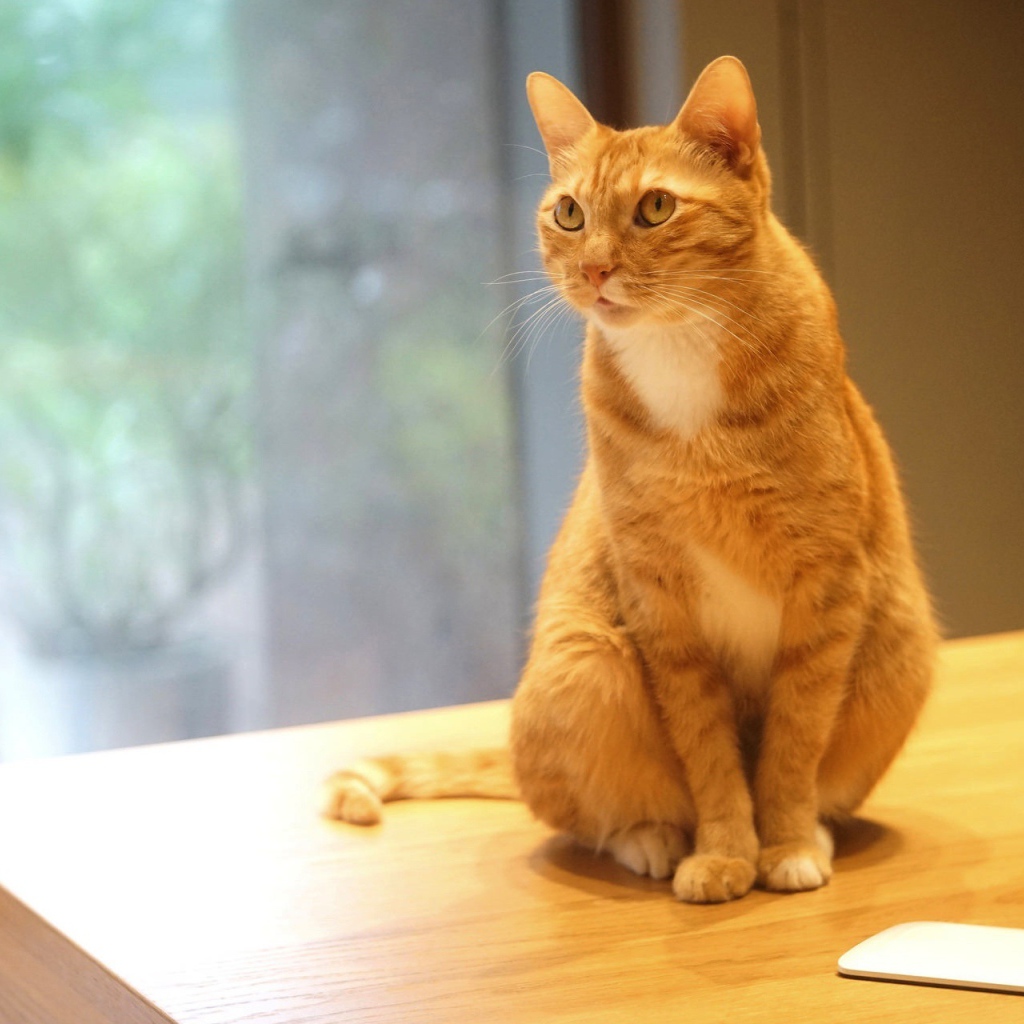 Рыжий кот сидит на столе с мобильным телефоном