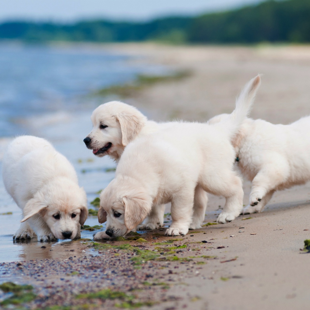 Четыре маленьких белых щенка золотистого ретривера на пляже