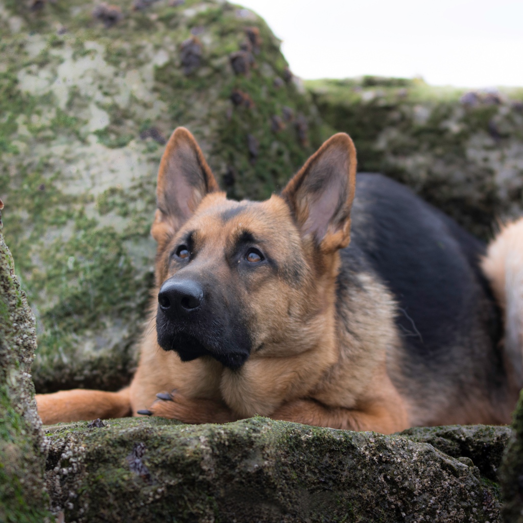 Умная немецкая овчарка лежит на камне