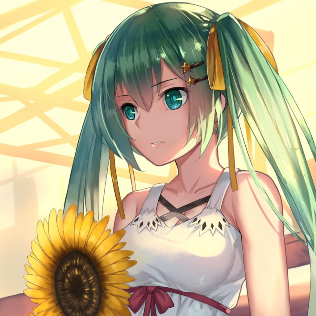 Девушка аниме Мику Хацунэ с подсолнухом в руках