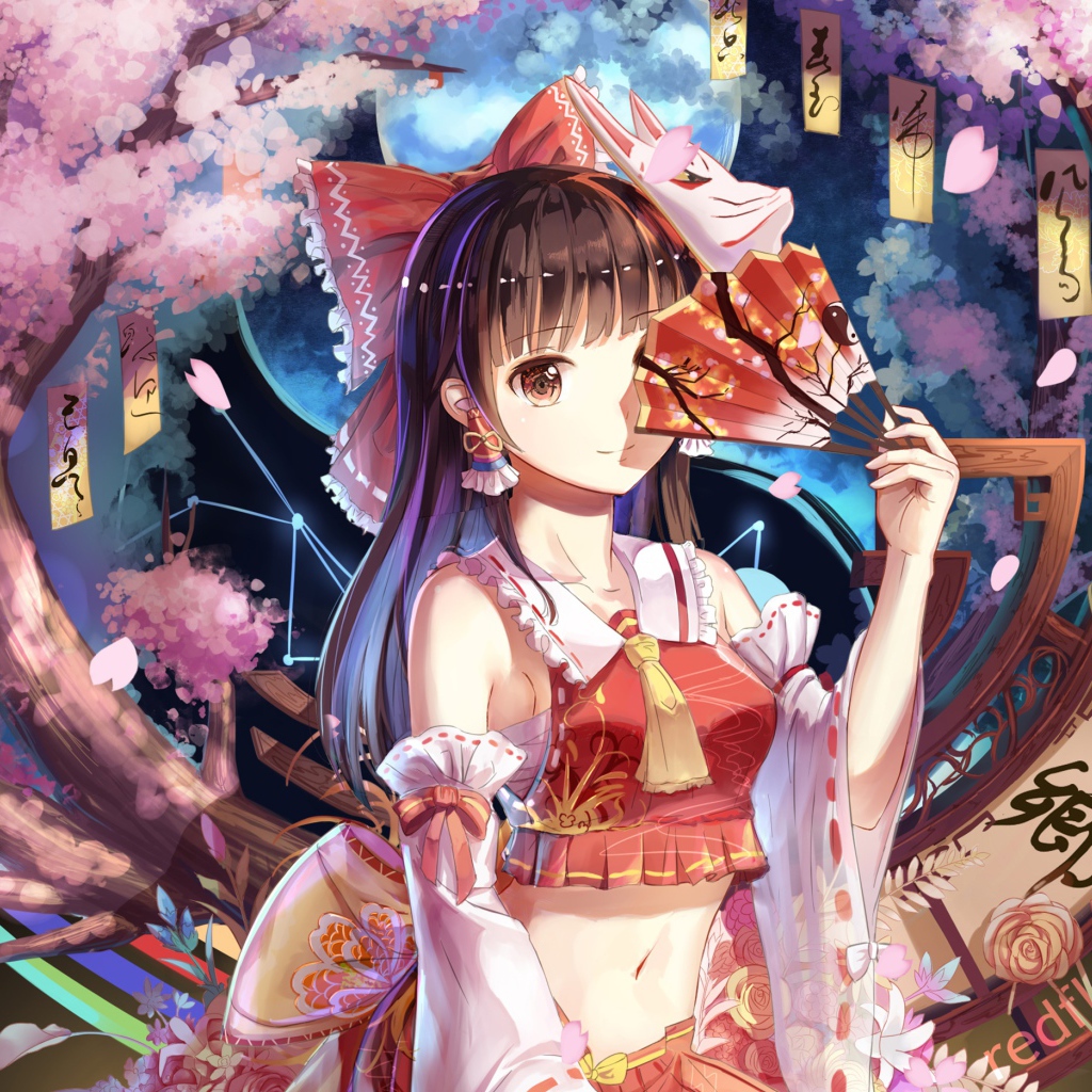 Anime girl Reimu Khakurei with fan in hand