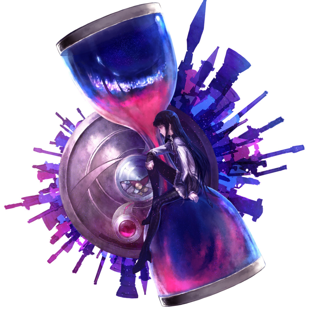 Девушка аниме сидит на больших песочных часах на белом фоне