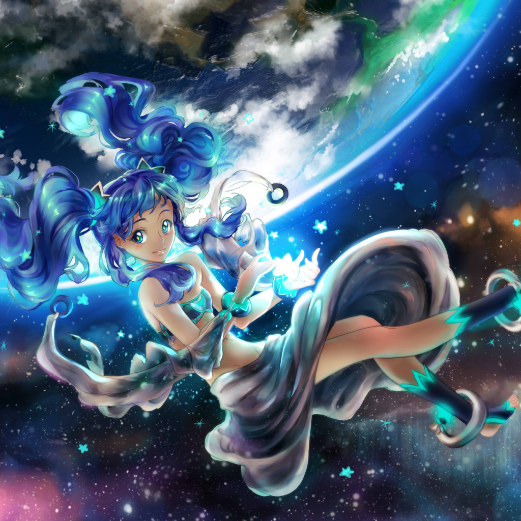 Девушка аниме с синими волосами парит в воздухе