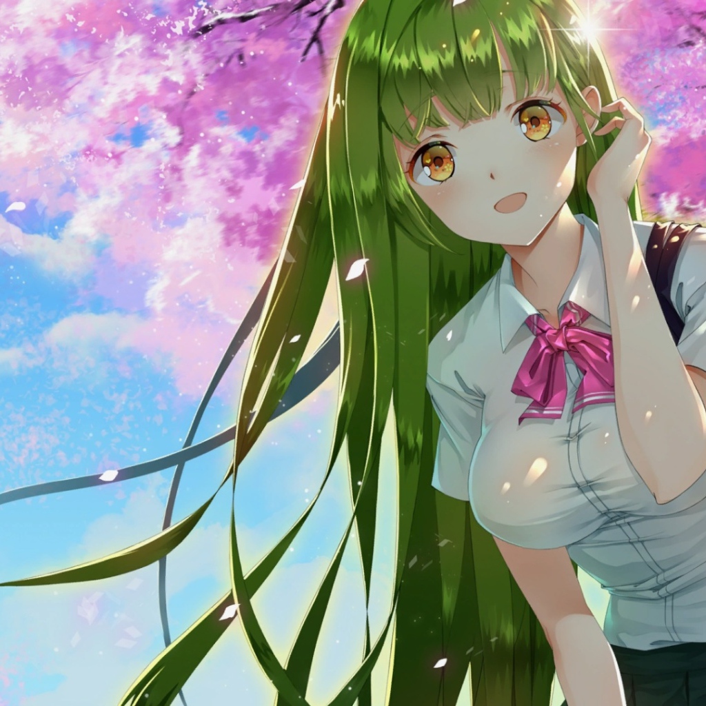 Anime girl with green hair and brown eyes