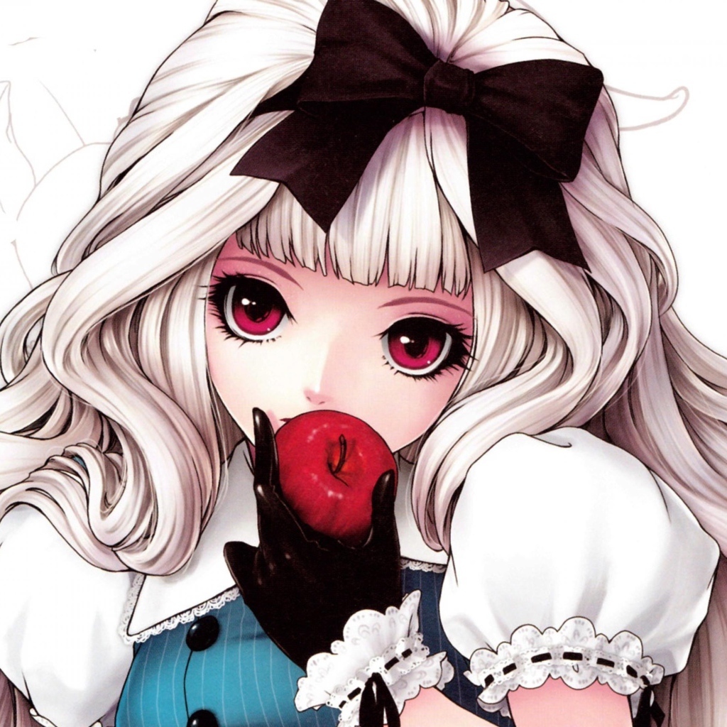 Девушка аниме с длинными белыми волосами с яблоком в руке