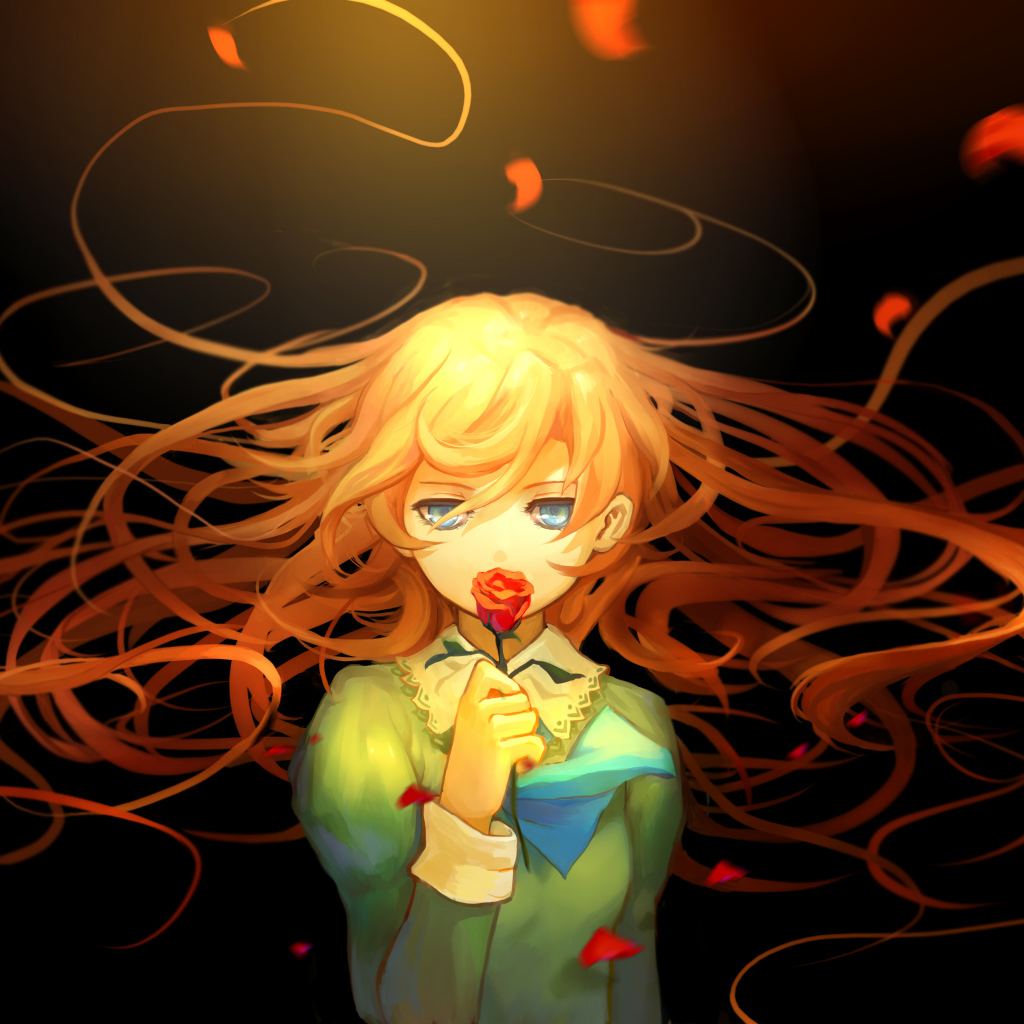 Рыжеволосая девушка аниме с розой в руках